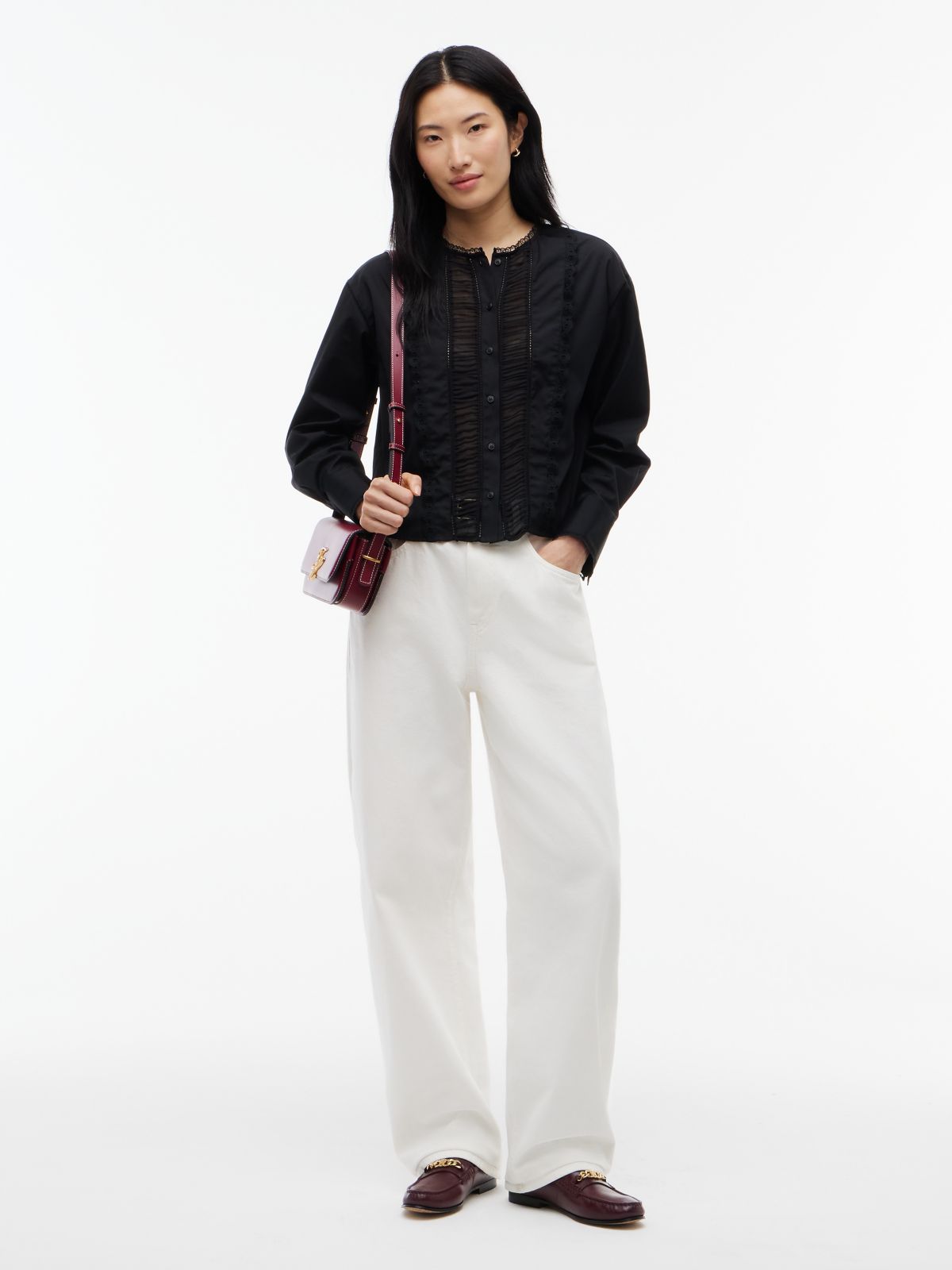 Boxy Fit Lace Trim Collarless Shirt — Black