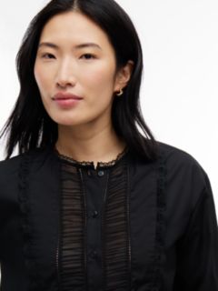 Boxy Fit Lace Trim Collarless Shirt — Black 3