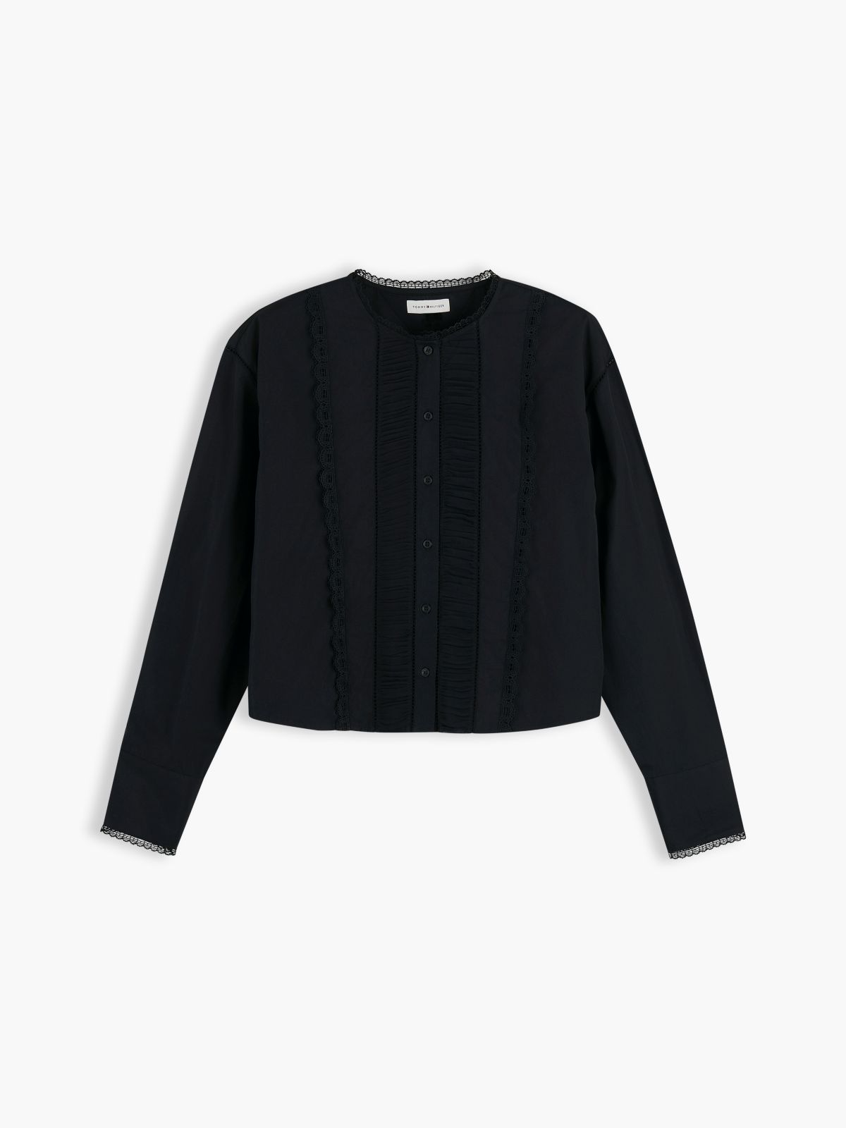 Boxy Fit Lace Trim Collarless Shirt — Black