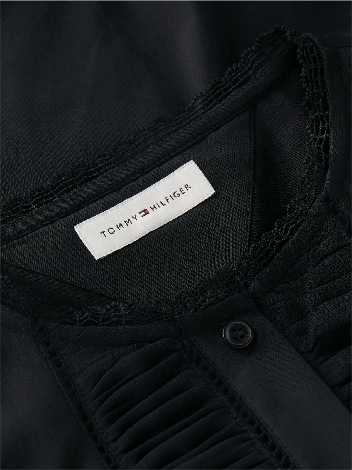 Boxy Fit Lace Trim Collarless Shirt — Black