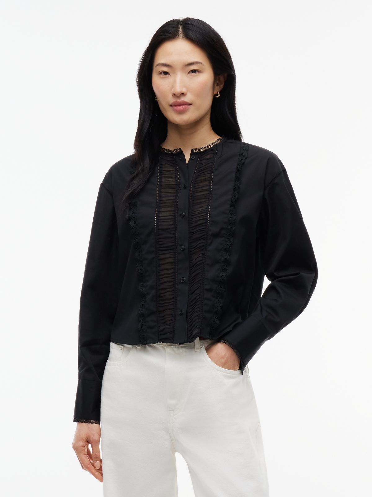 Boxy Fit Lace Trim Collarless Shirt — Black