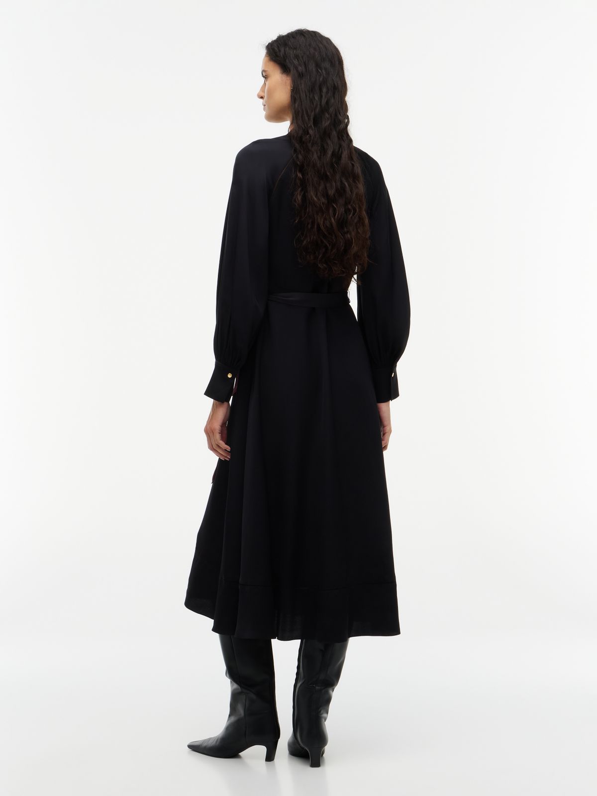 Festive Ladder Lace Long Sleeve Midi Dress — Black