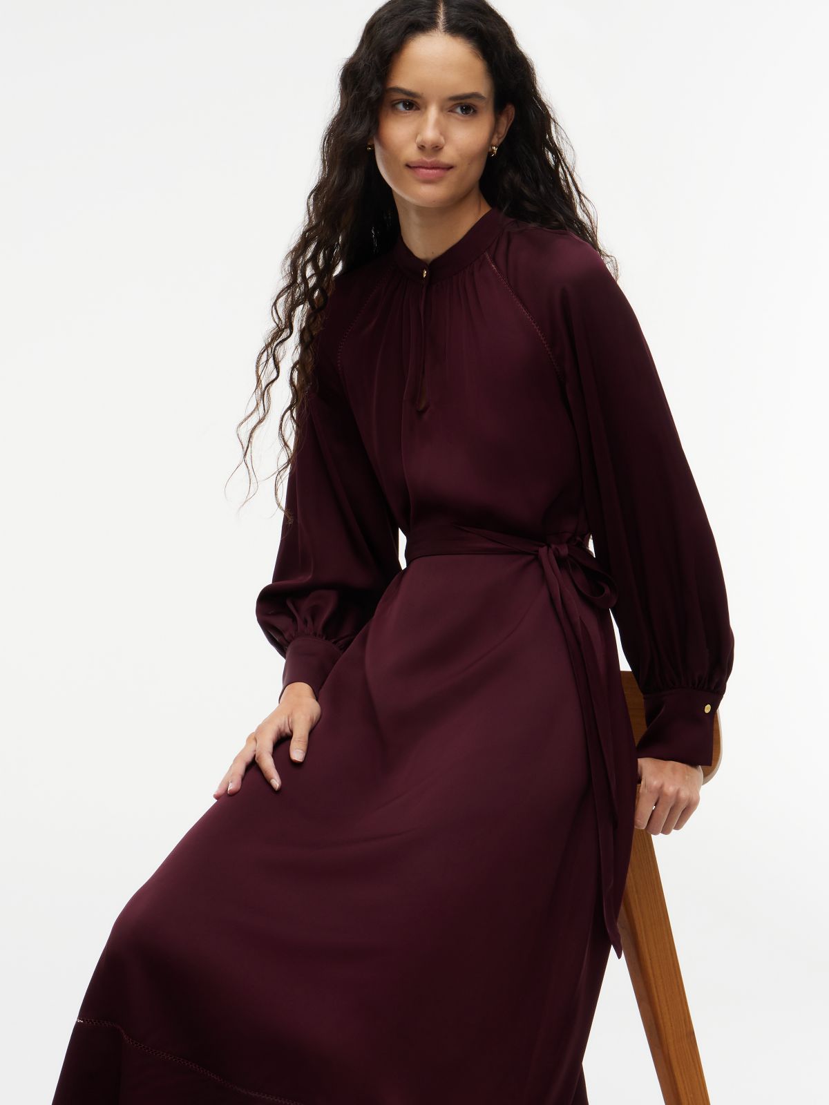 Festive Ladder Lace Long Sleeve Midi Dress — Red