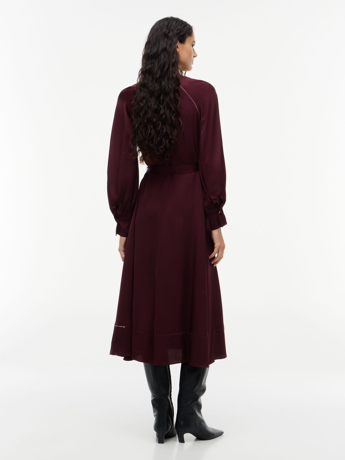 Festive Ladder Lace Long Sleeve Midi Dress — Red