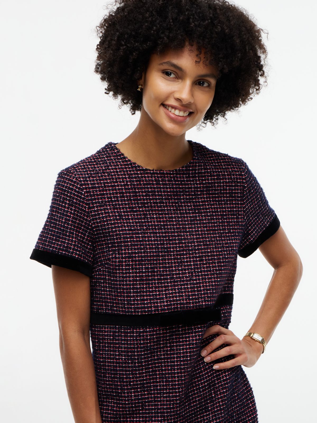 Festive Tweed Mini Shift Dress With Wool — Blue