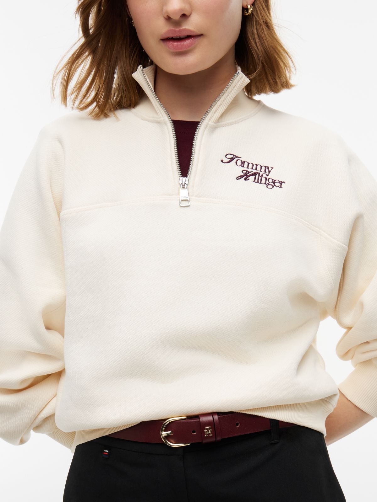 Logo Relaxed Terry Quarter-Zip Sweatshirt — Beige