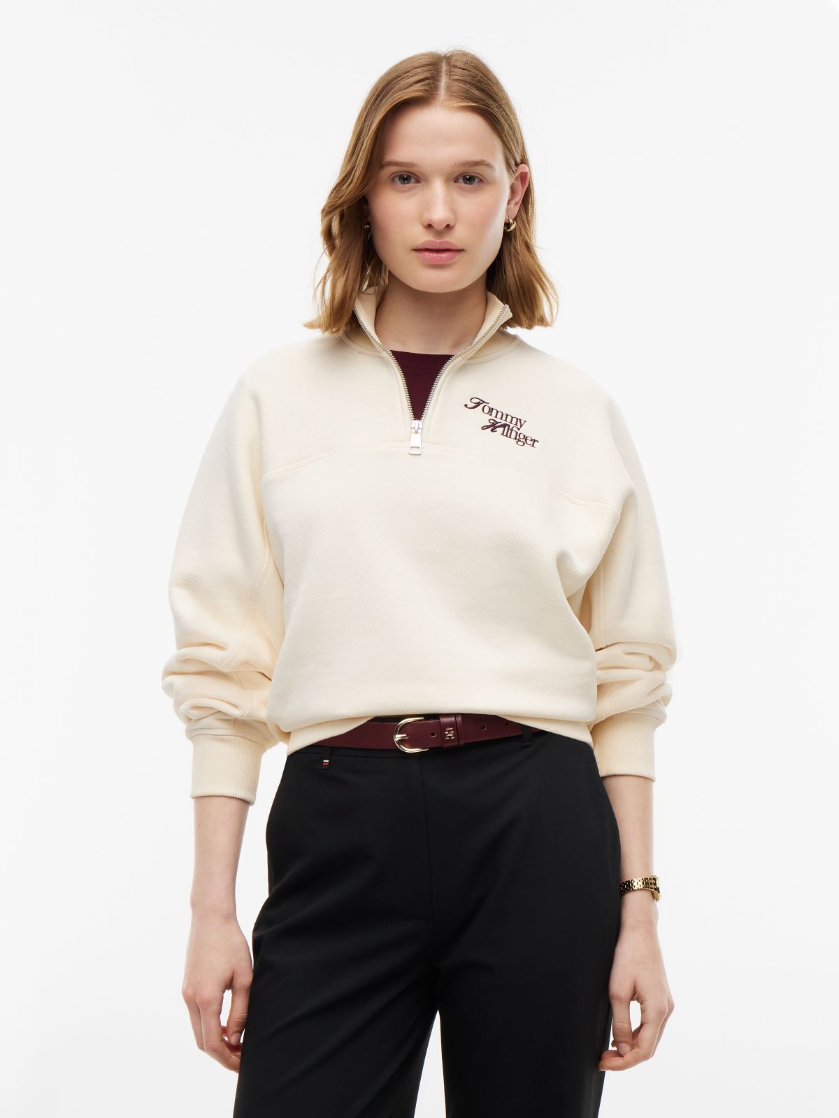 Logo Relaxed Terry Quarter-Zip Sweatshirt — Beige