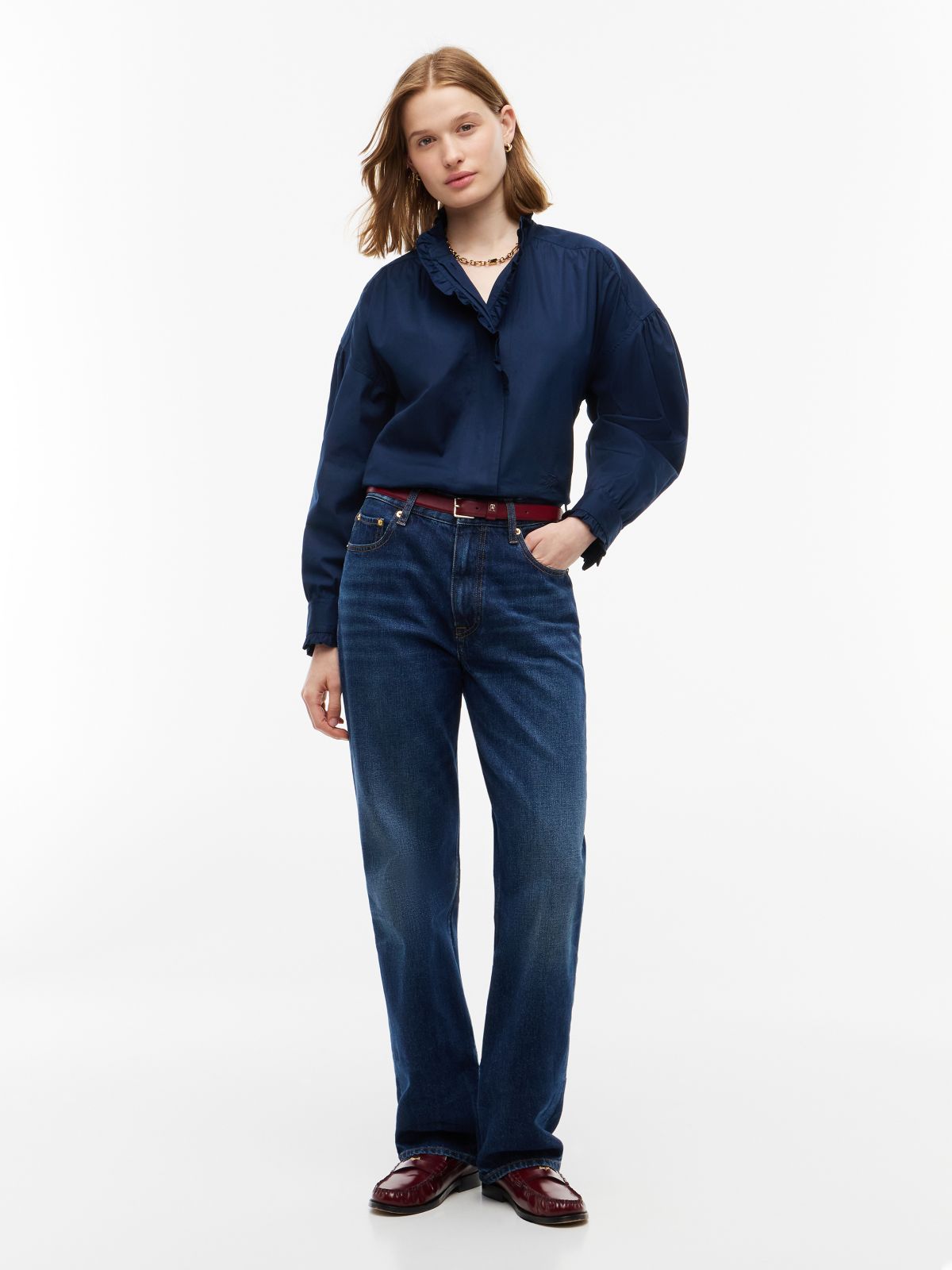 Oversized Fit Ruffle Collar Poplin Shirt — Blue