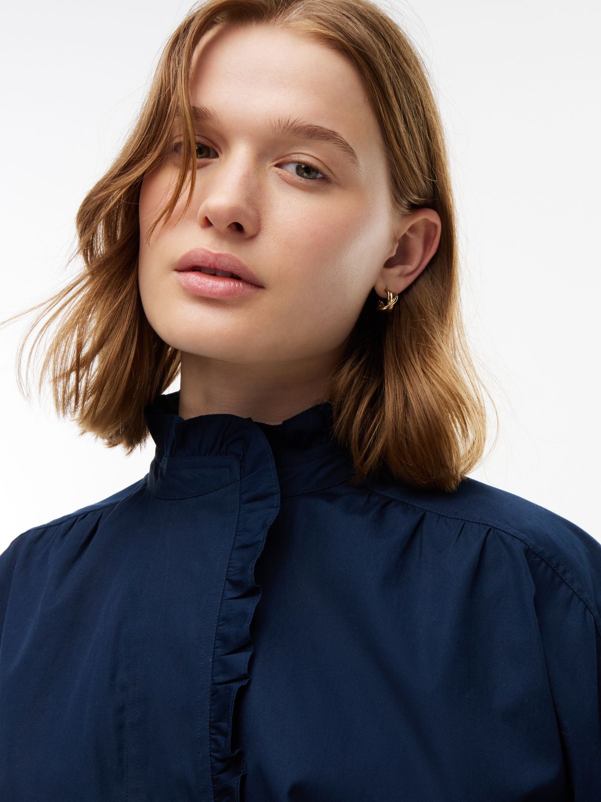 Oversized Fit Ruffle Collar Poplin Shirt — Blue