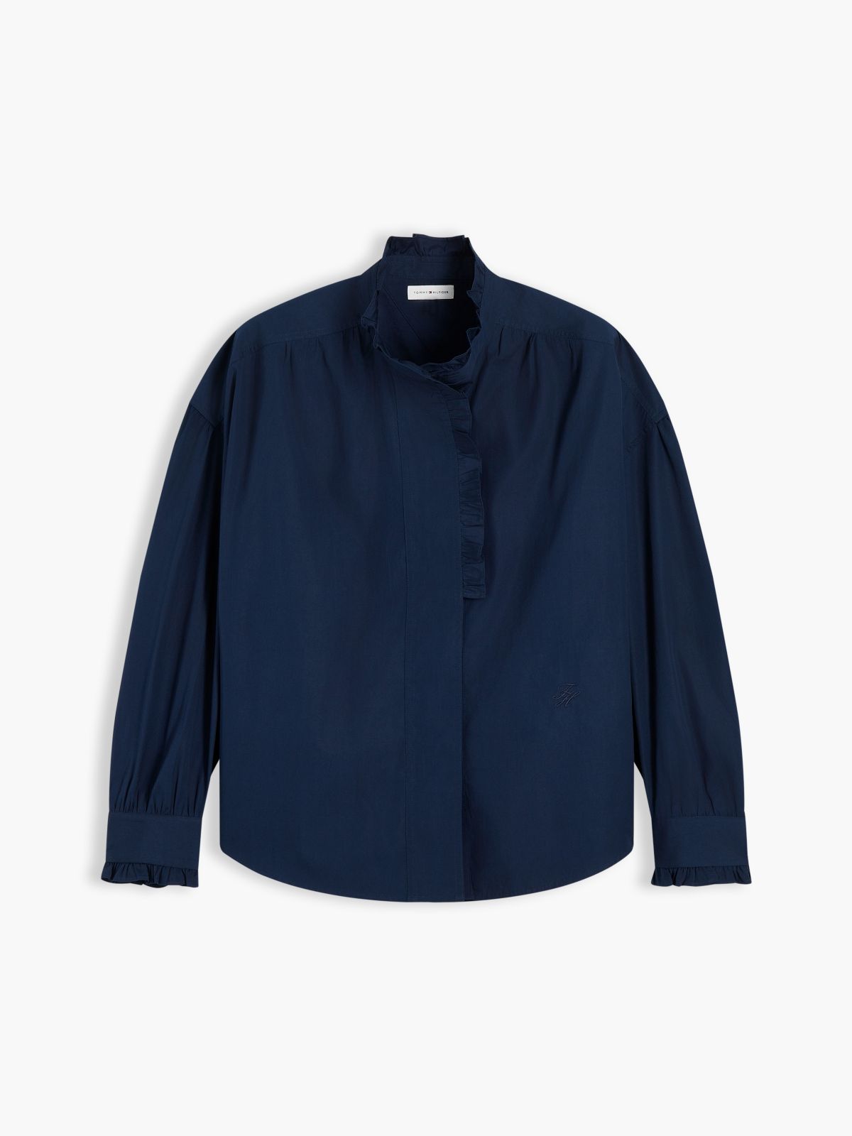 Oversized Fit Ruffle Collar Poplin Shirt — Blue