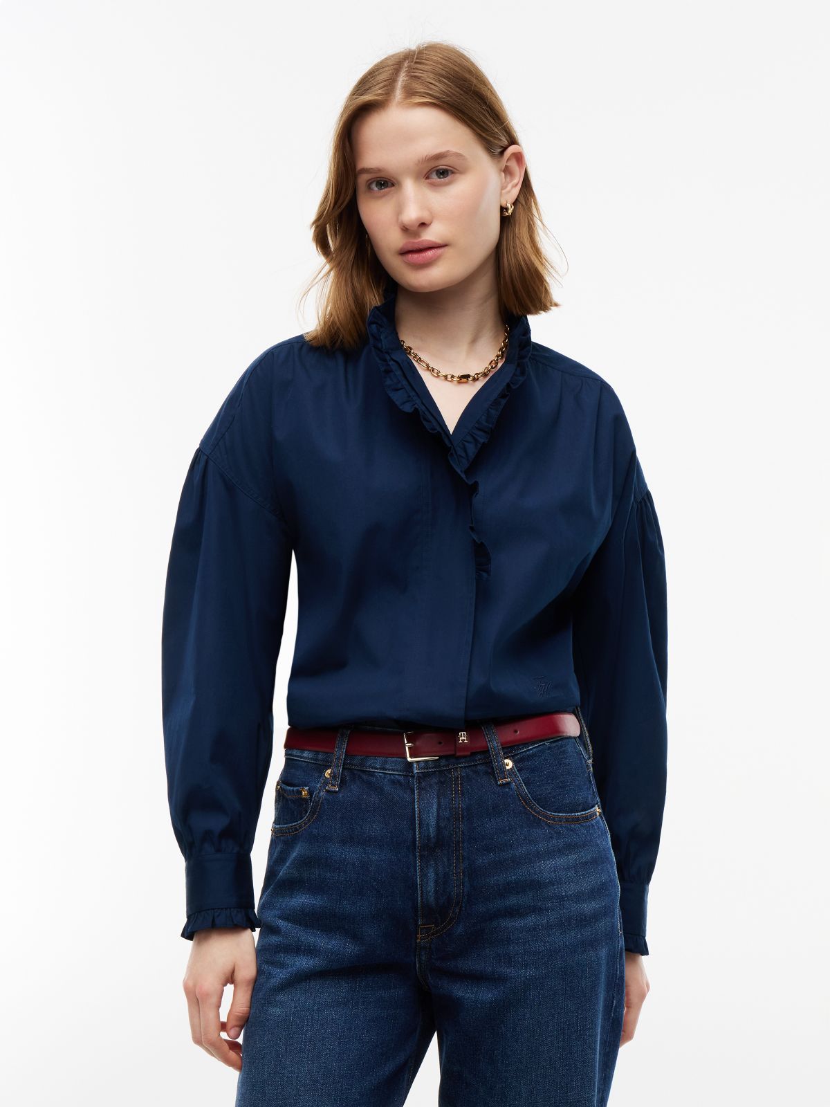 Oversized Fit Ruffle Collar Poplin Shirt — Blue