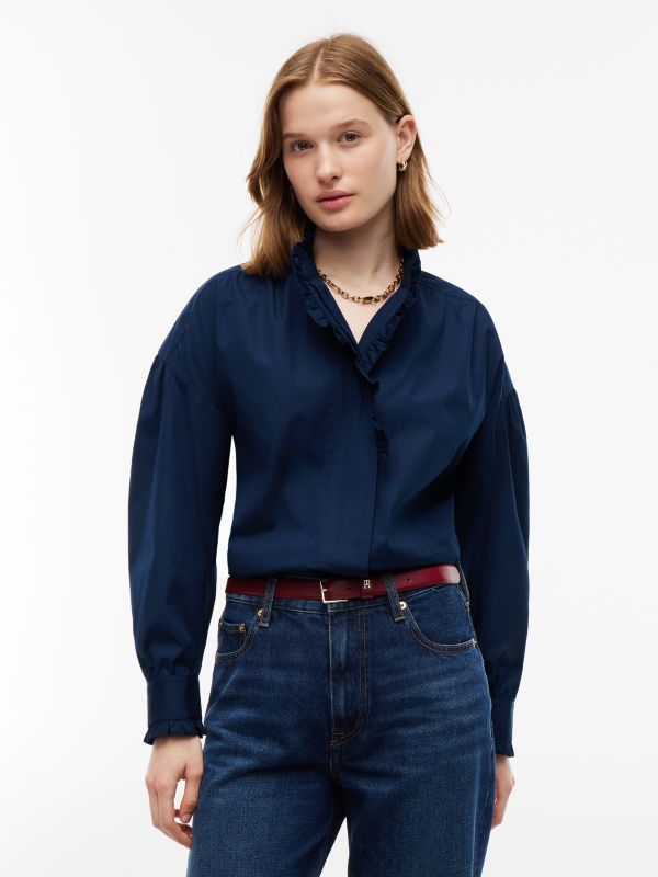 Oversized Fit Ruffle Collar Poplin Shirt — Blue