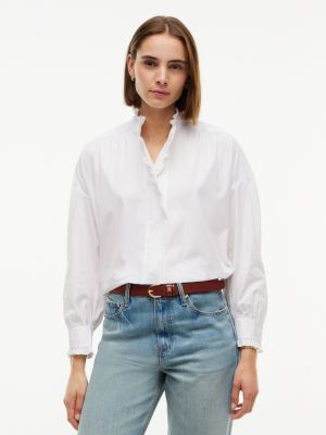 white oversized fit ruffle collar poplin shirt for women tommy hilfiger