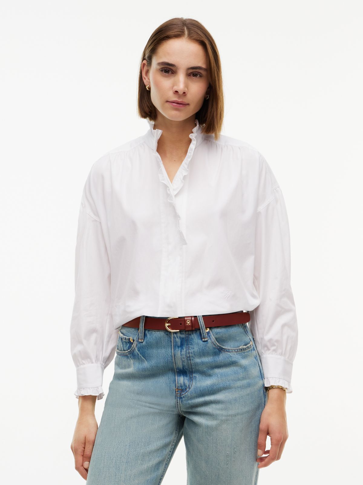 Oversized Fit Ruffle Collar Poplin Shirt — White