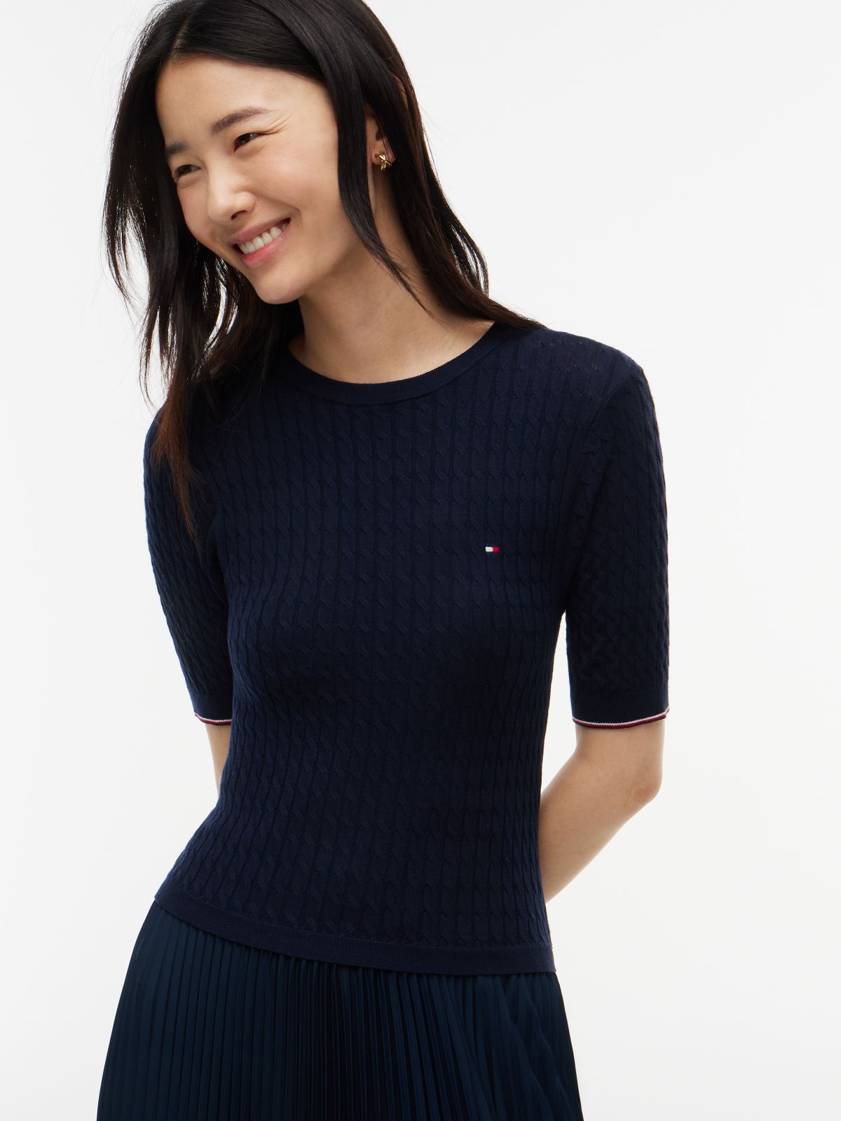 Cable Knit Pleated Midi Dress — Blue