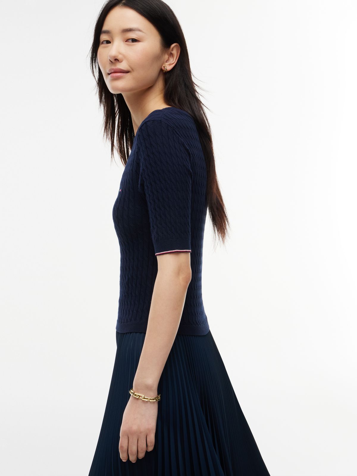 Cable Knit Pleated Midi Dress — Blue