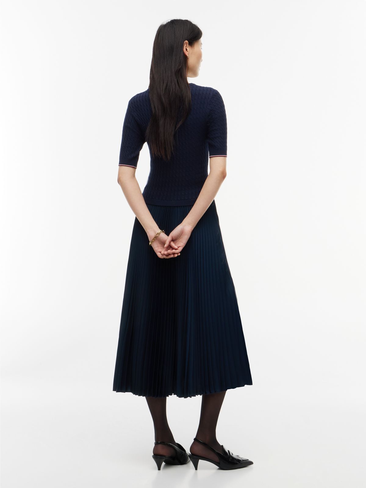 Cable Knit Pleated Midi Dress — Blue