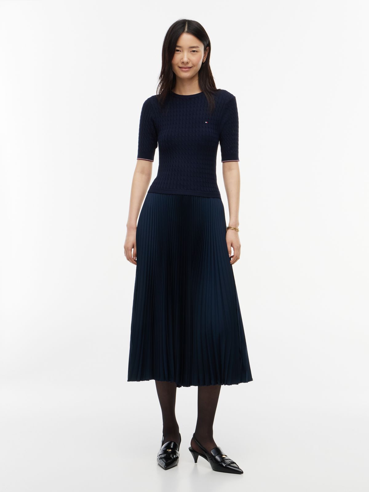 Cable Knit Pleated Midi Dress — Blue