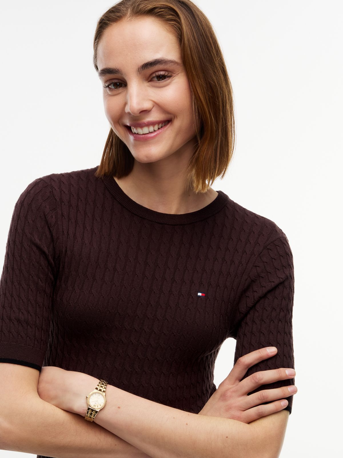 Cable Knit Pleated Midi Dress — Brown