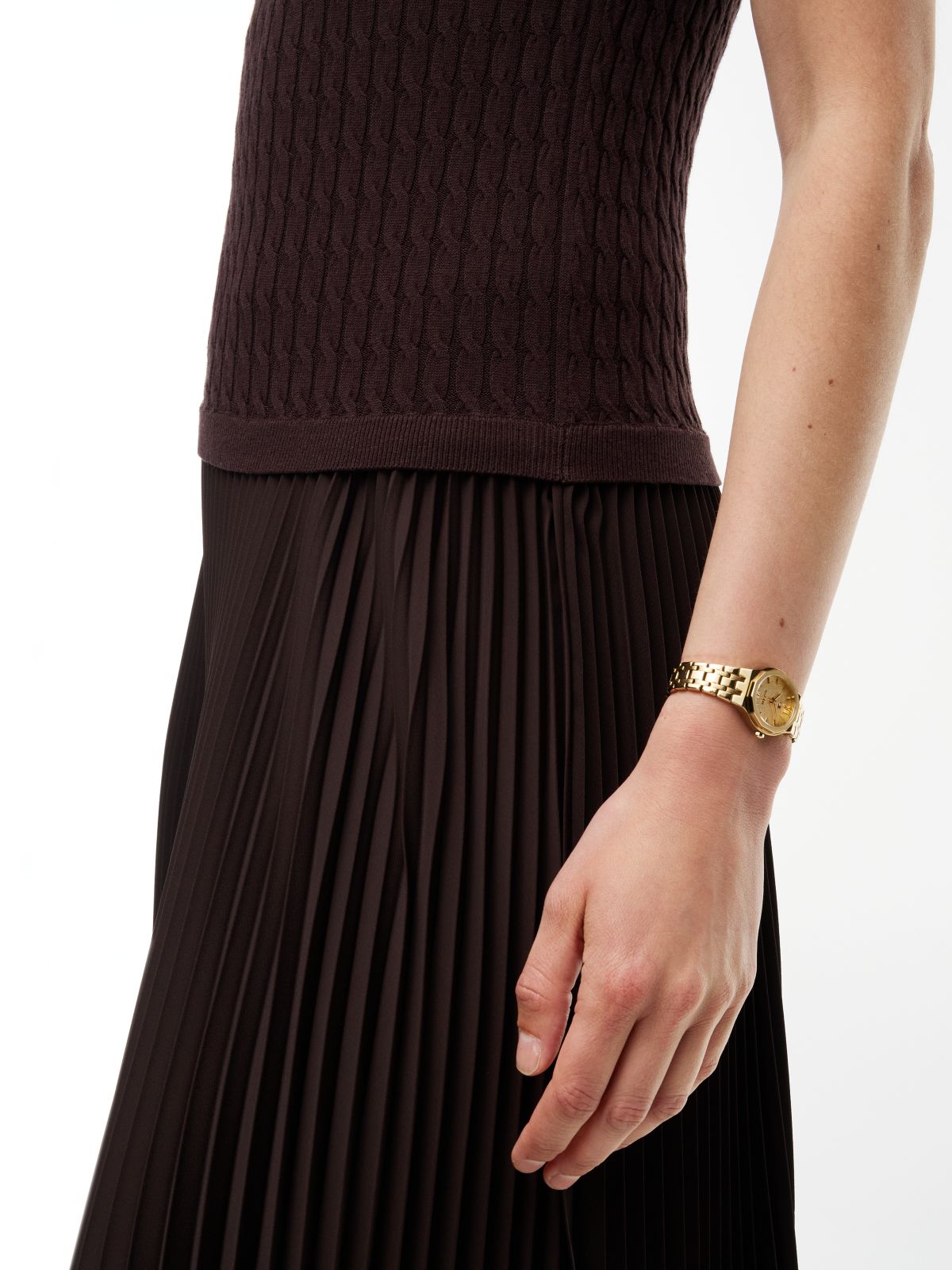 Cable Knit Pleated Midi Dress — Brown