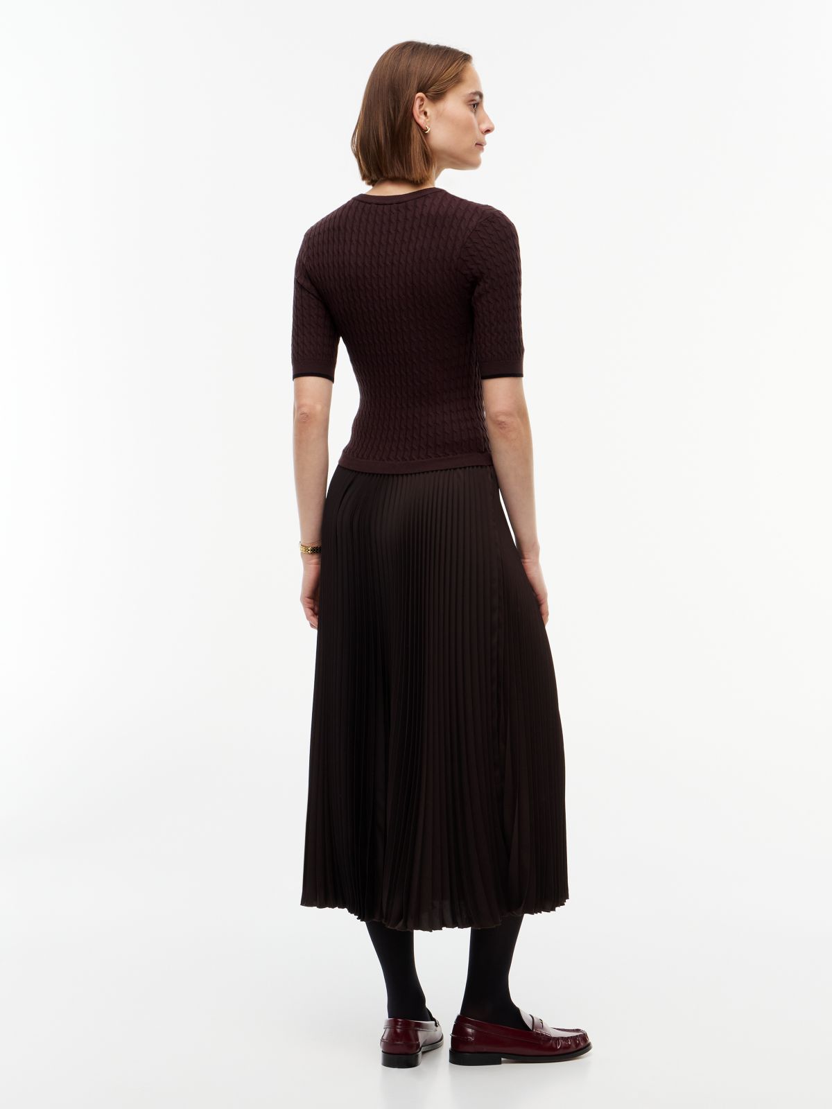 Cable Knit Pleated Midi Dress — Brown