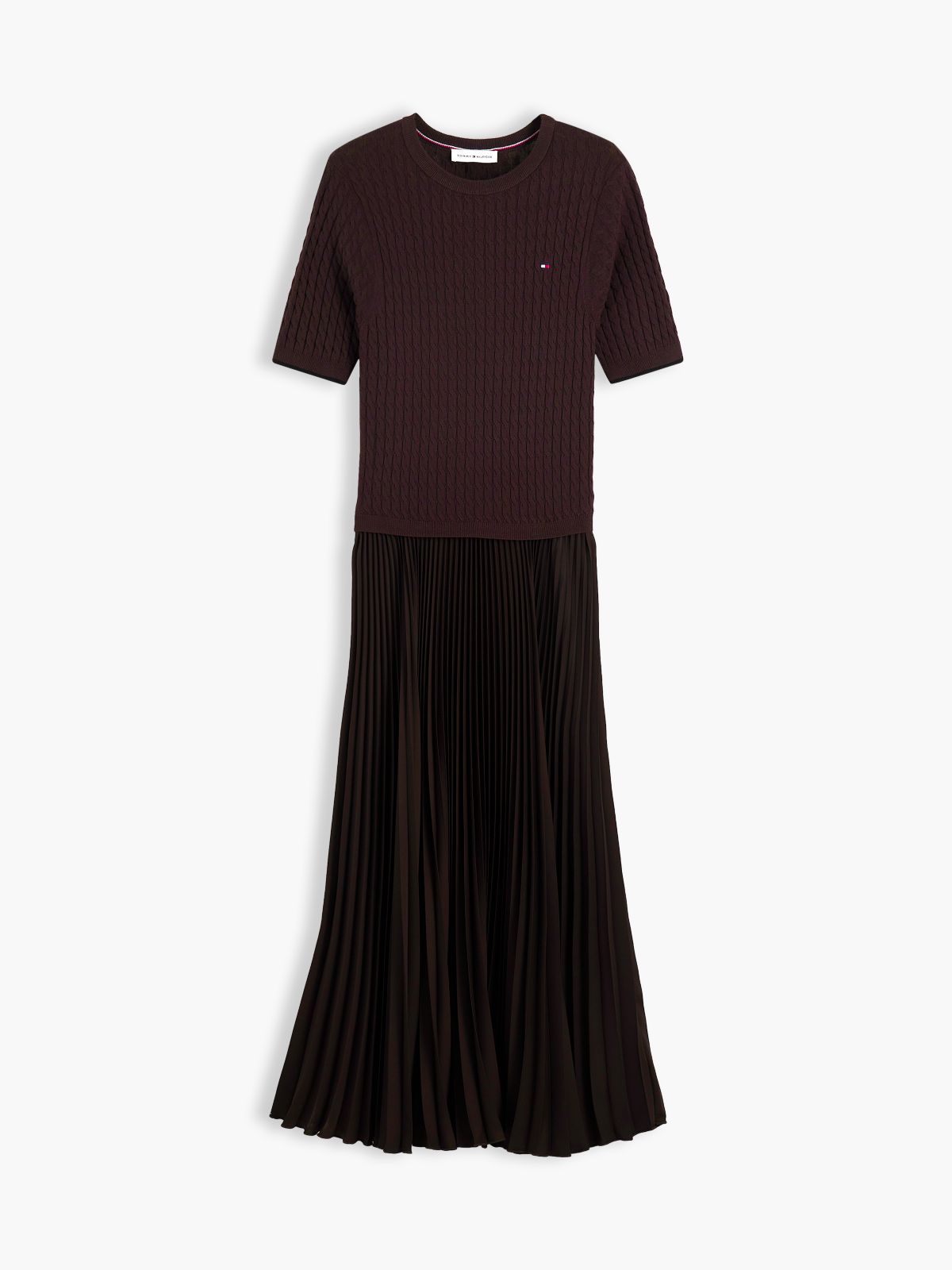 Cable Knit Pleated Midi Dress — Brown