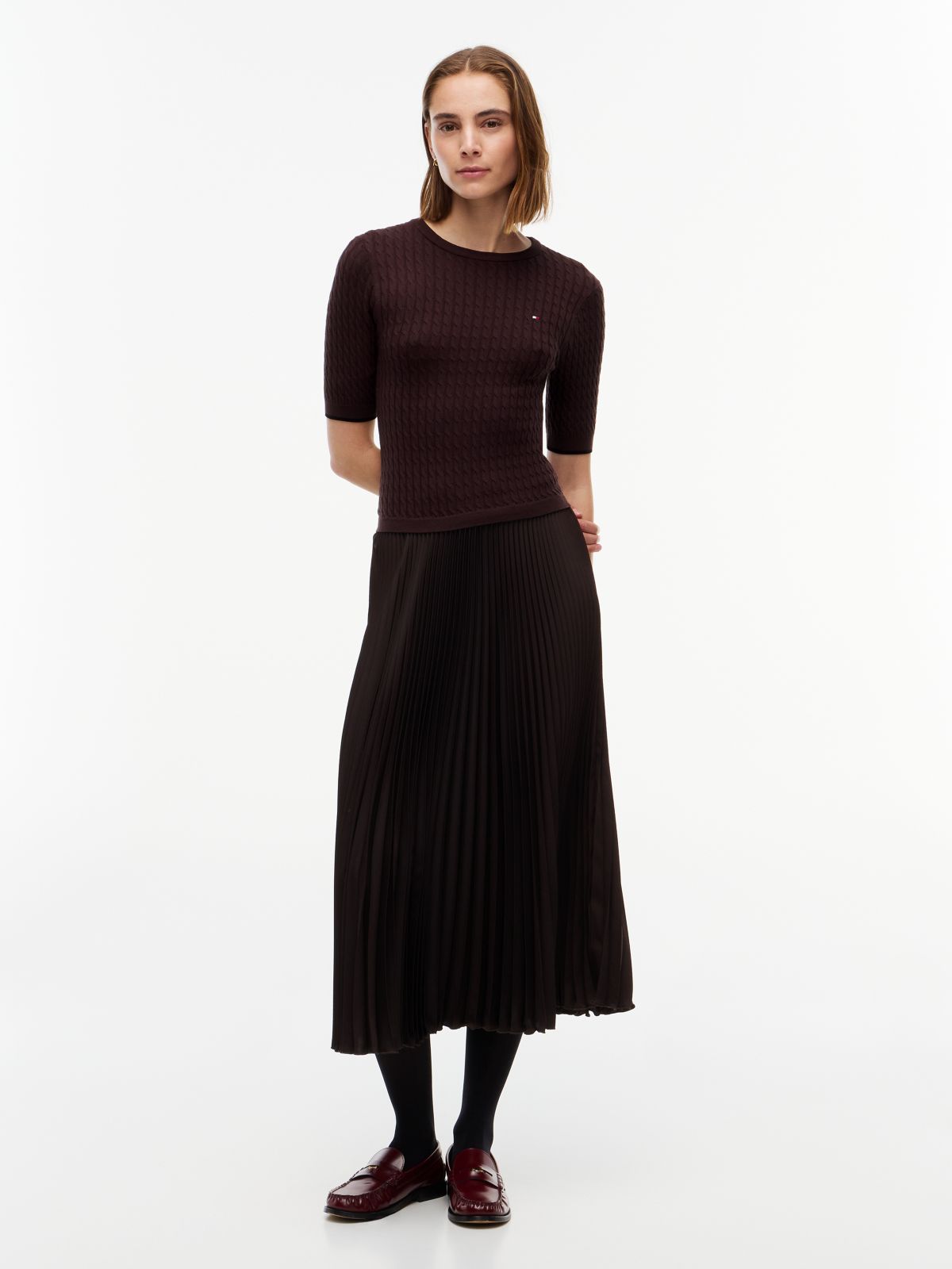 Cable Knit Pleated Midi Dress — Brown