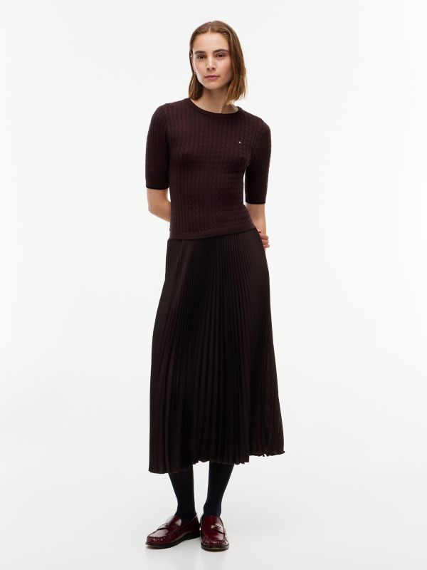 Cable Knit Pleated Midi Dress — Brown