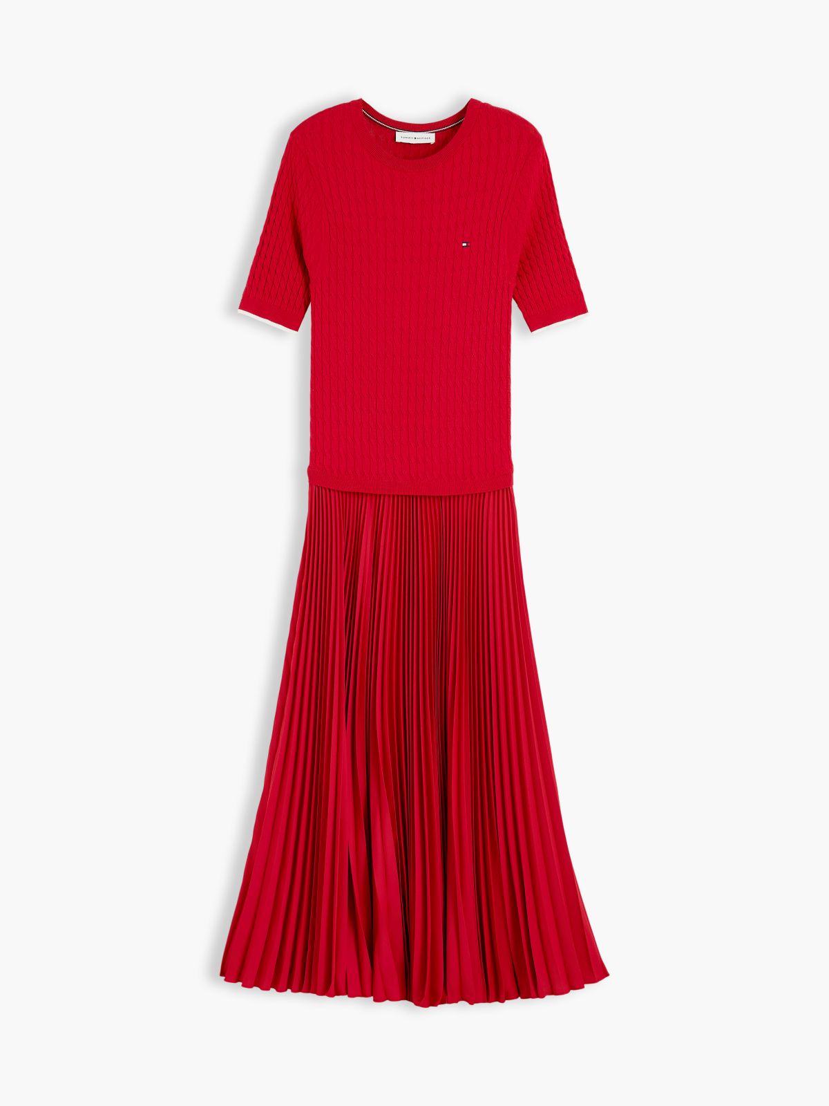 Cable Knit Pleated Midi Dress — Red
