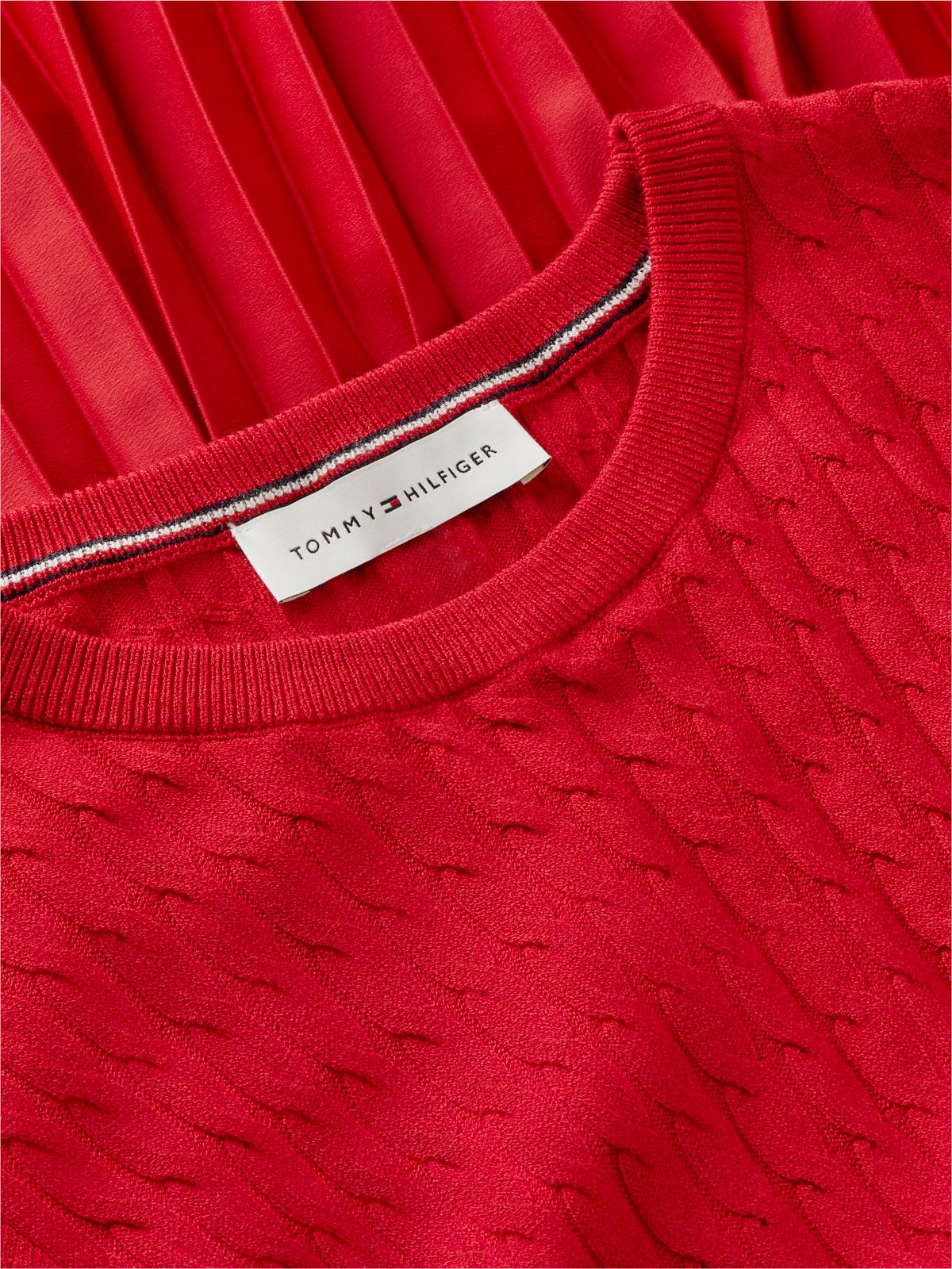 Cable Knit Pleated Midi Dress — Red
