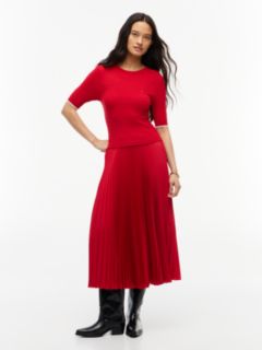 Cable Knit Pleated Midi Dress — Red 1
