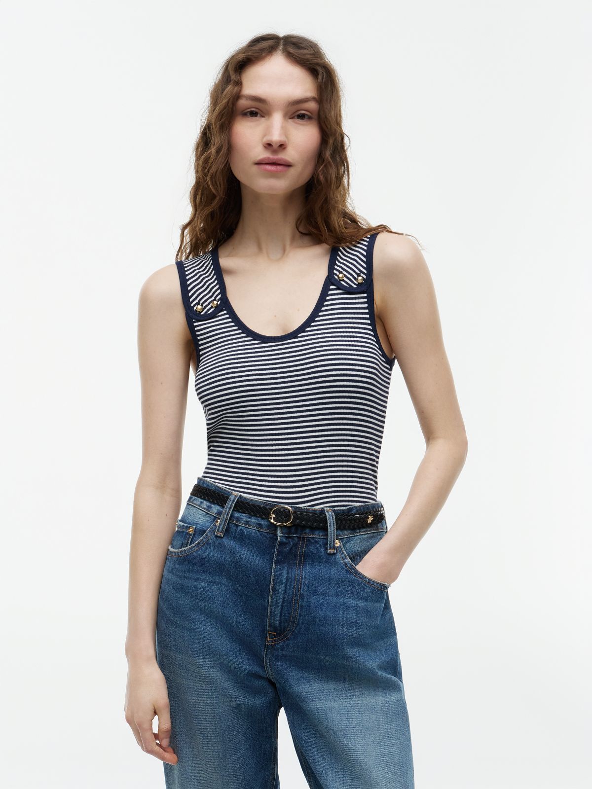 Gold-Tone Button Ribbed Tank Top — Multi