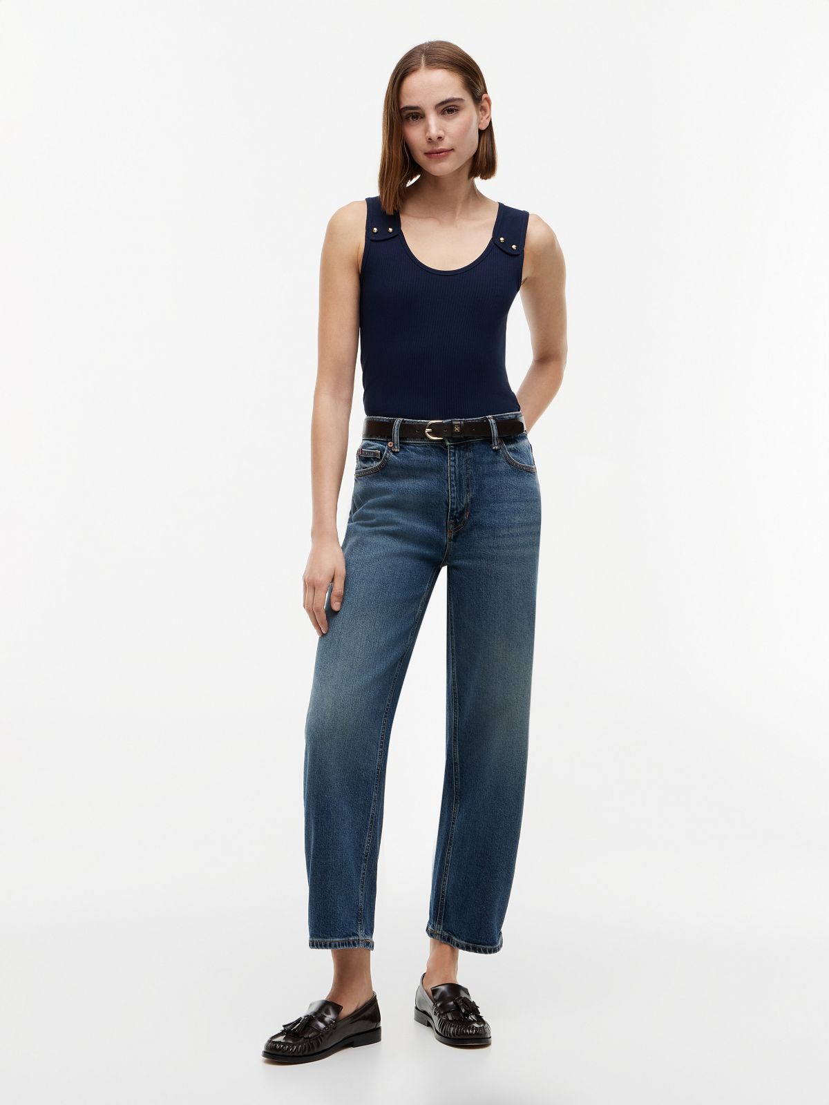 Gold-Tone Button Ribbed Tank Top — Blue