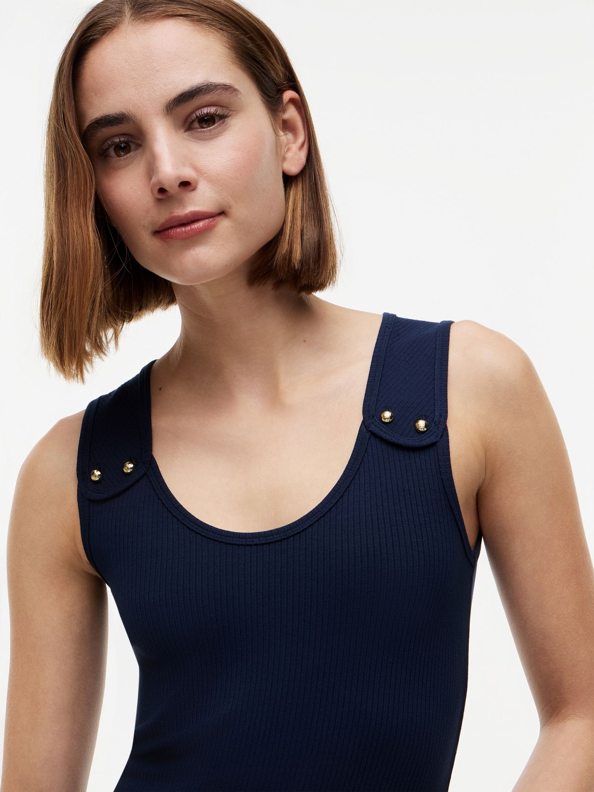 Gold-Tone Button Ribbed Tank Top — Blue