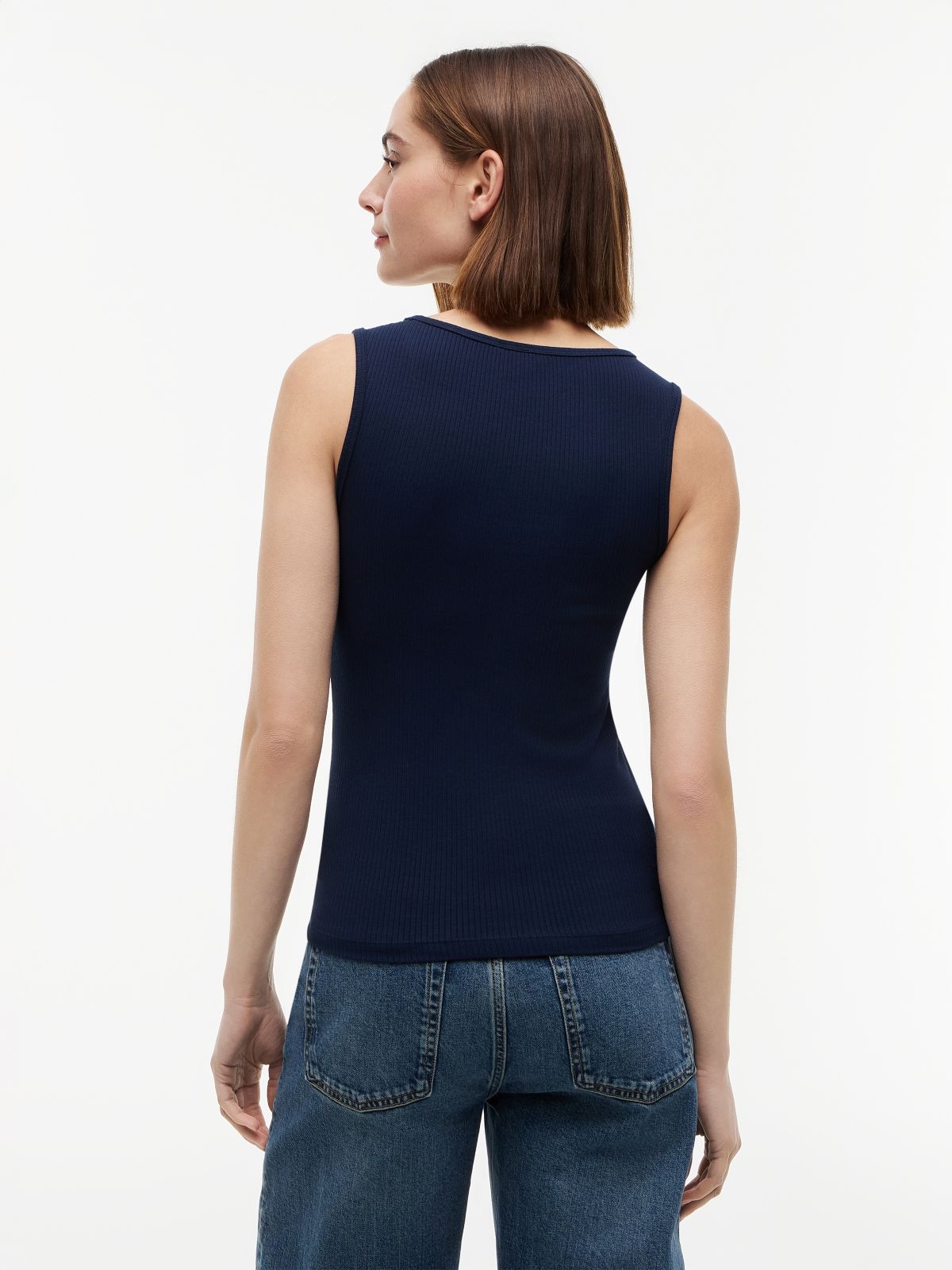 Gold-Tone Button Ribbed Tank Top — Blue