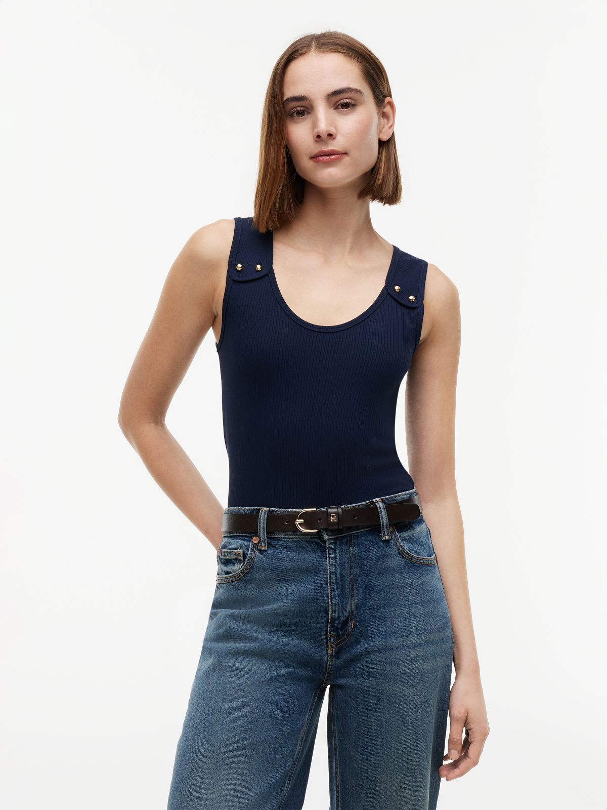 Gold-Tone Button Ribbed Tank Top — Blue