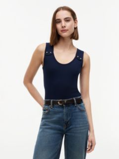 Gold-Tone Button Ribbed Tank Top — Blue 1