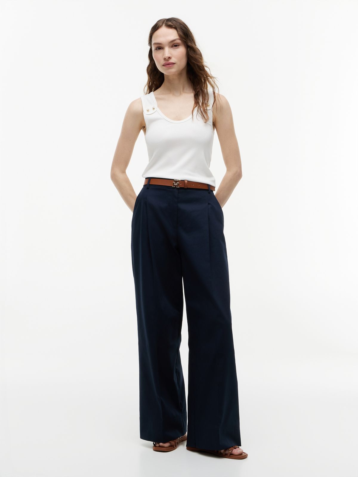 Gold-Tone Button Ribbed Tank Top — White