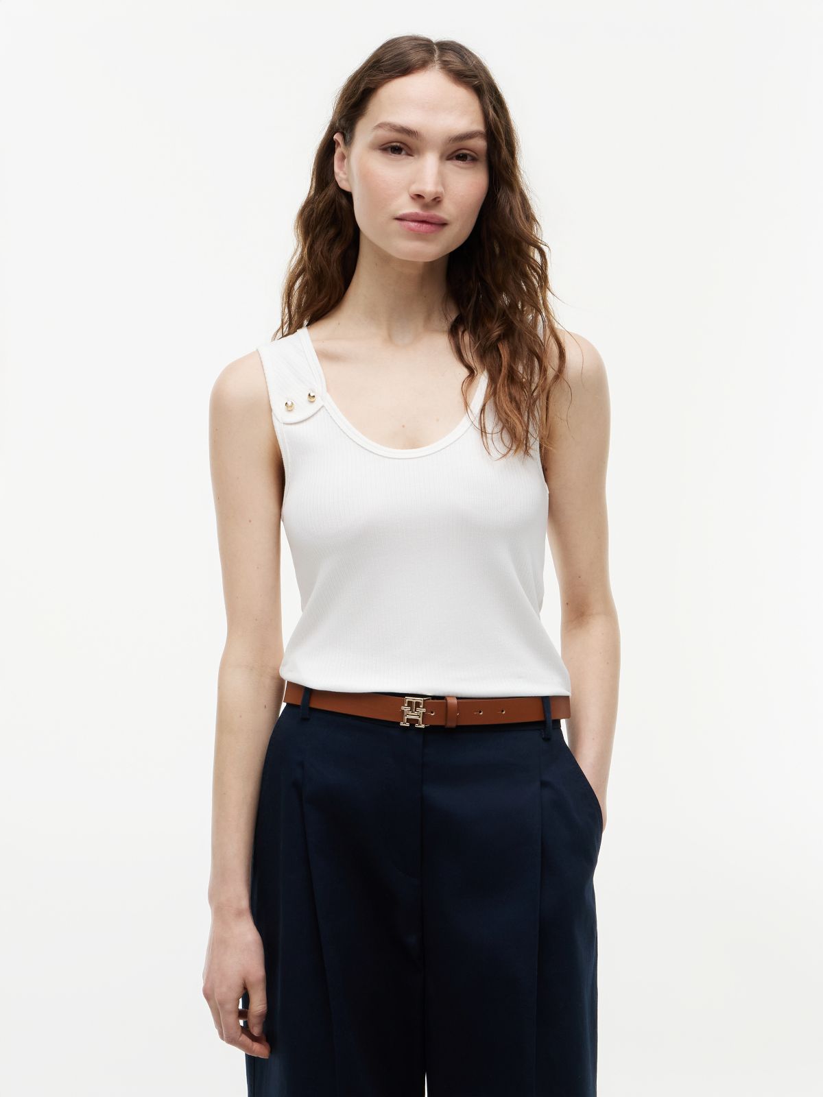 Gold-Tone Button Ribbed Tank Top — White