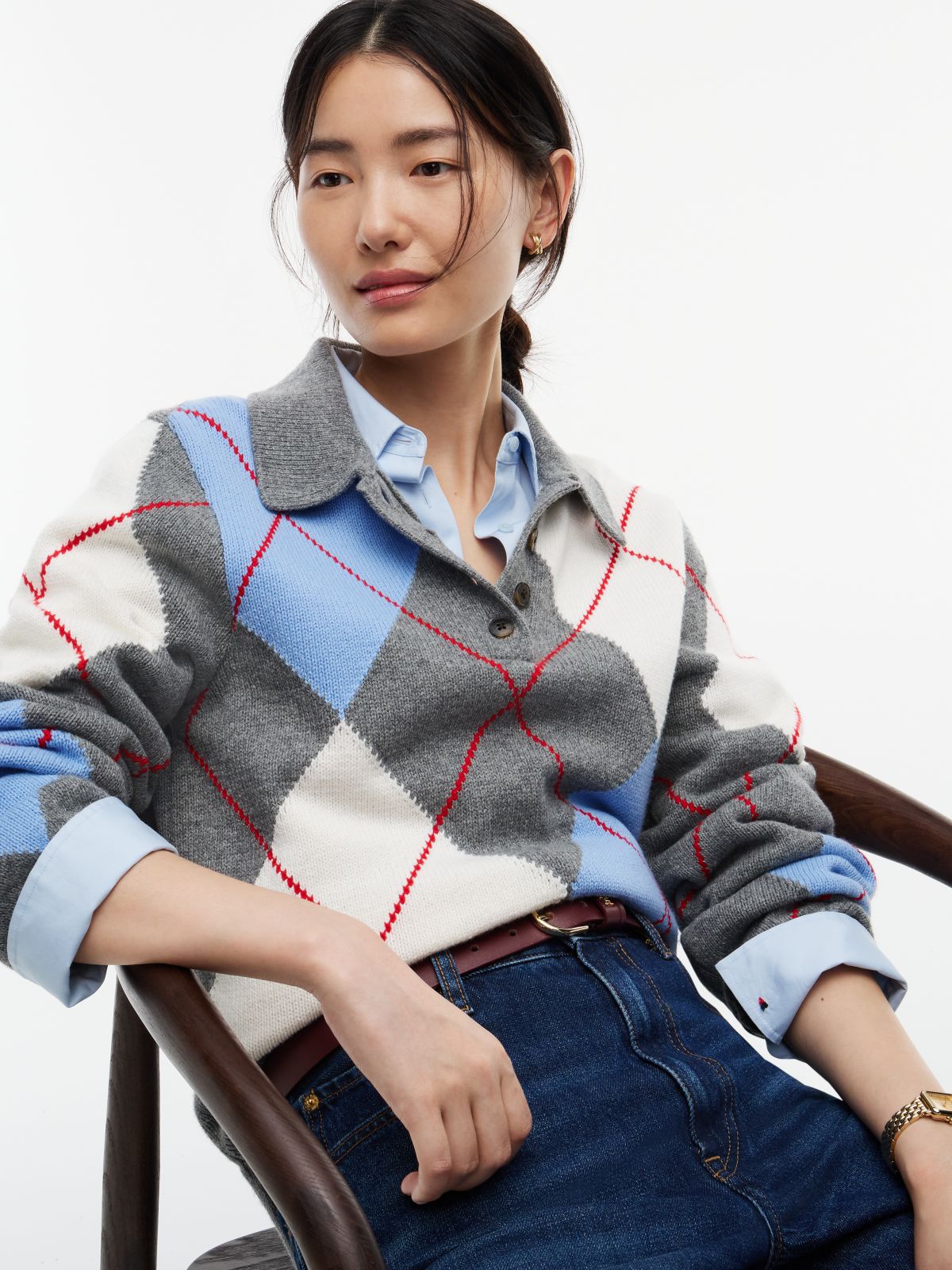 Argyle Relaxed Polo Jumper — Grey