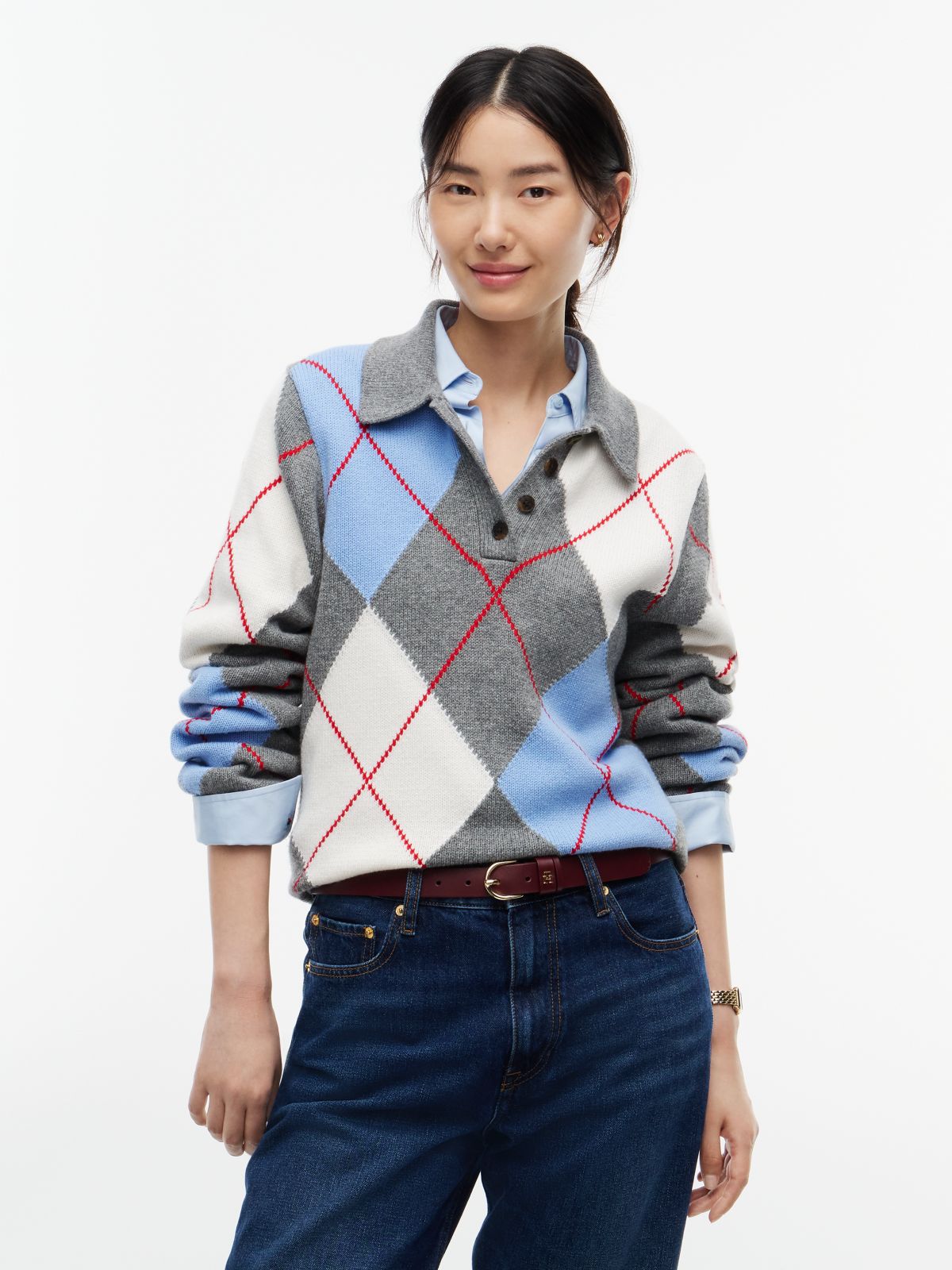 Argyle Relaxed Polo Jumper — Grey