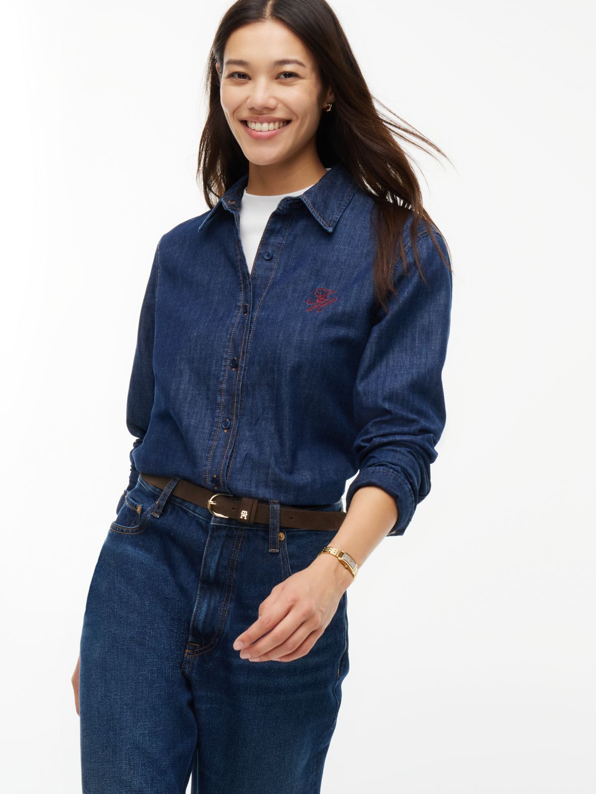 Relaxed Fit Logo Embroidery Denim Shirt — Blue