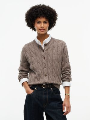brown slim fit zopfmuster-cardigan aus reiner wolle für damen - tommy hilfiger