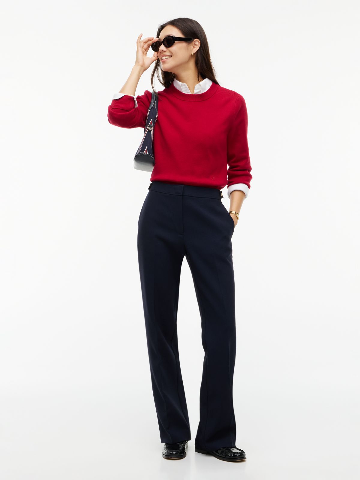 Gold-Tone Button Slim Bootcut Trousers — Blue