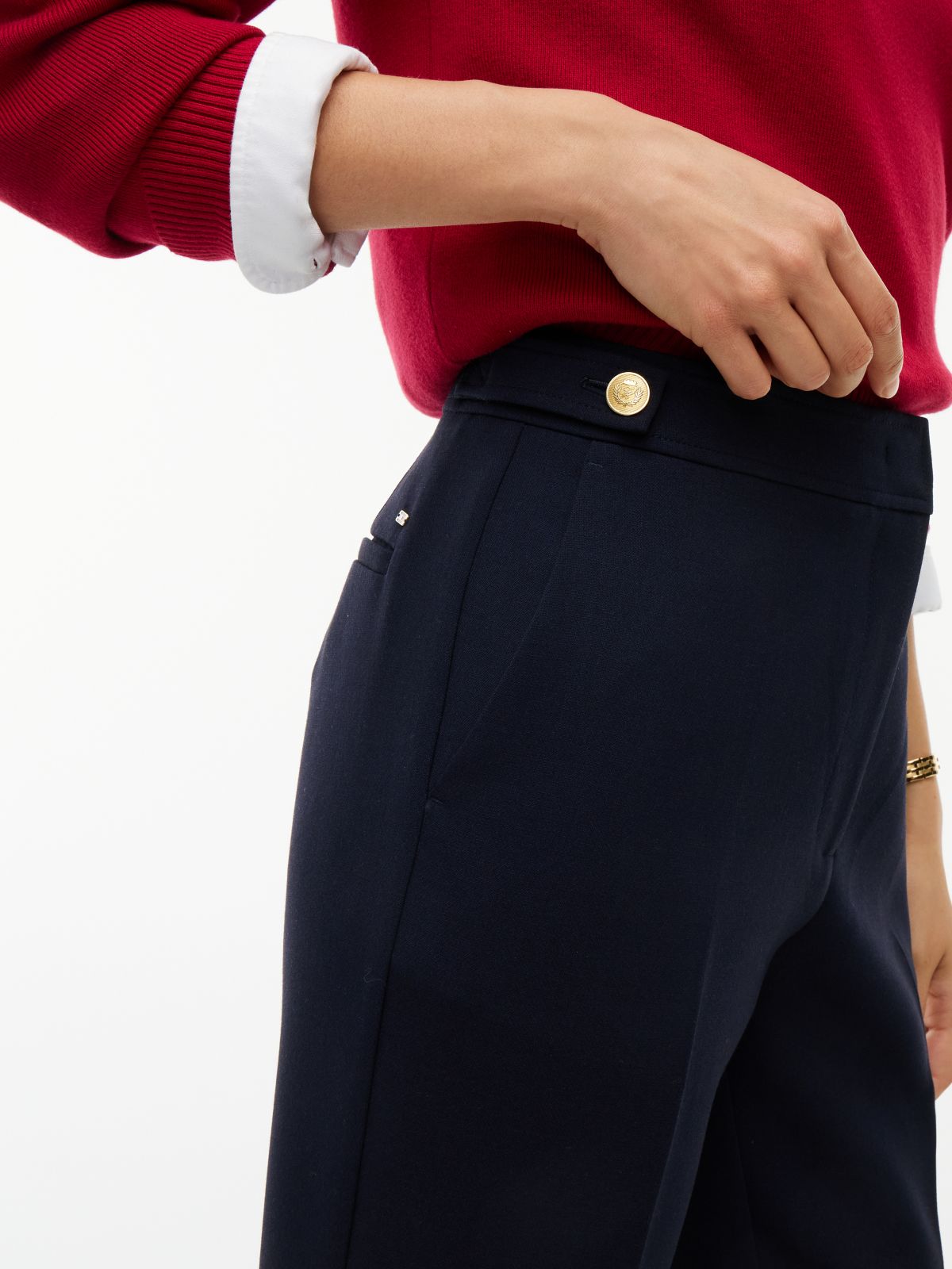 Gold-Tone Button Slim Bootcut Trousers — Blue
