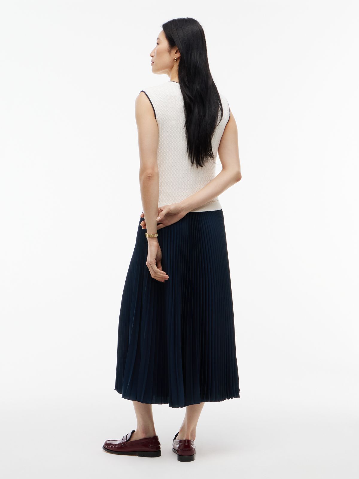 Cable Knit Pleated Sleeveless Flare Dress — Black