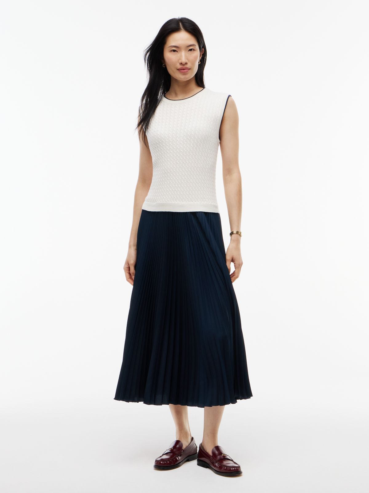 Cable Knit Pleated Sleeveless Flare Dress — Black