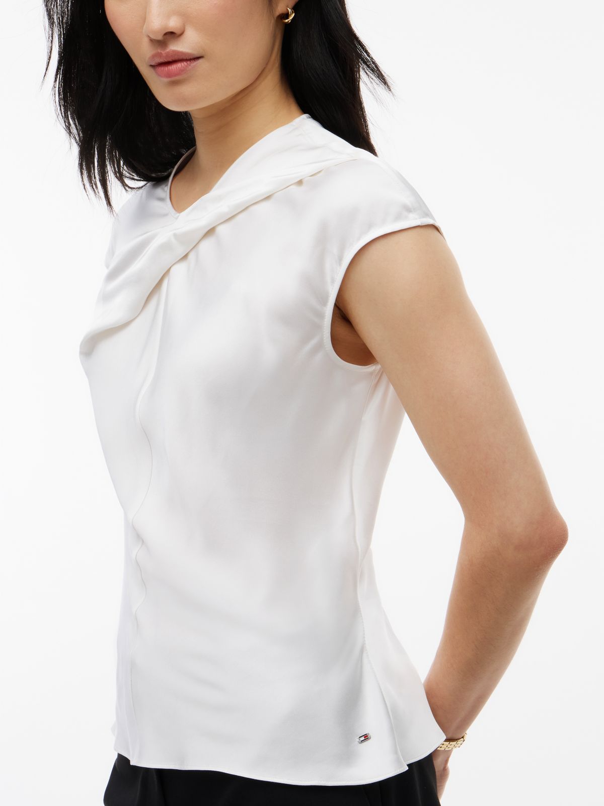 Twist Front Satin Cap Sleeve Top — White
