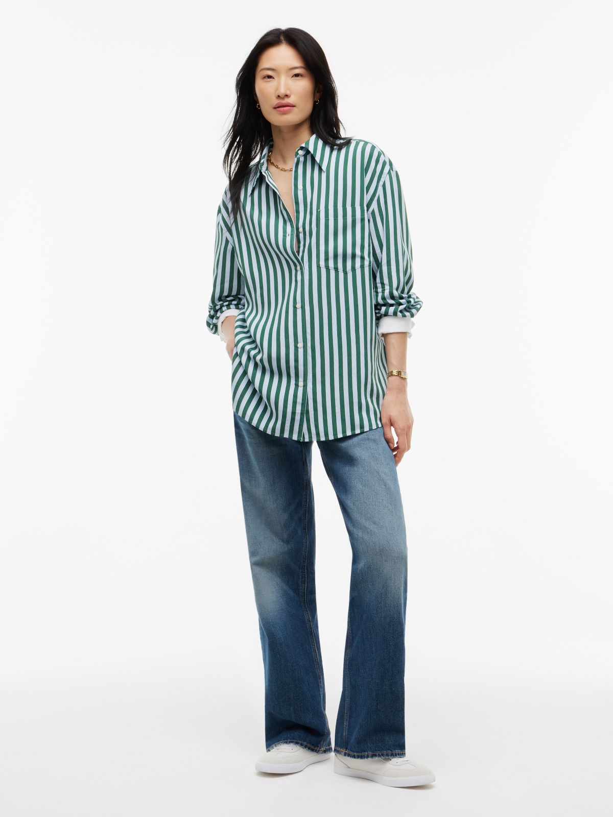 Relaxed Fit Stripe Double Cuff Shirt — Blue