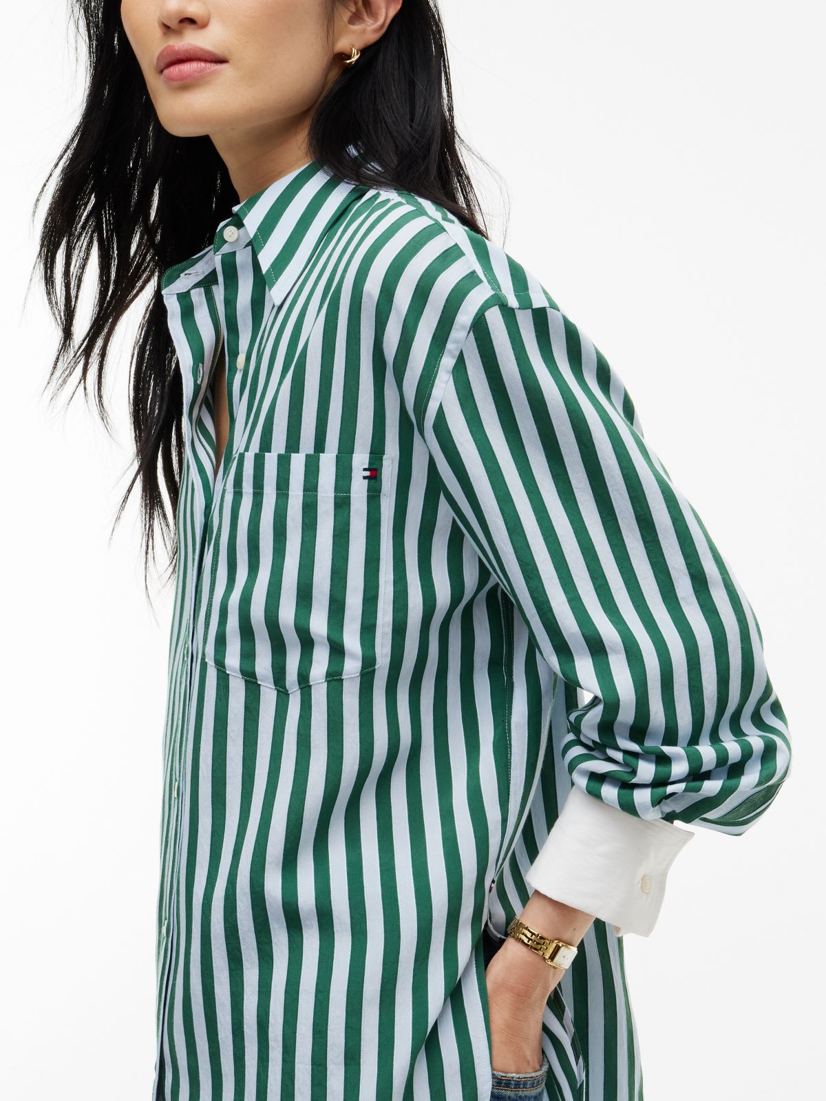 Relaxed Fit Stripe Double Cuff Shirt — Blue